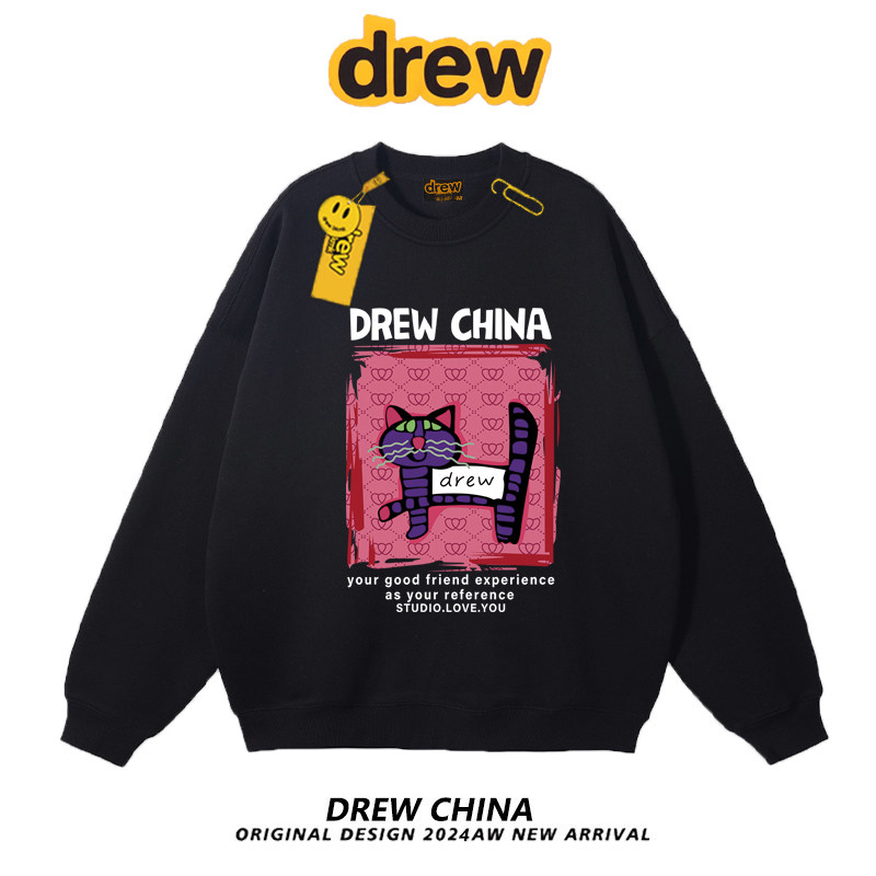 drew美式复古猫咪印花圆领卫衣