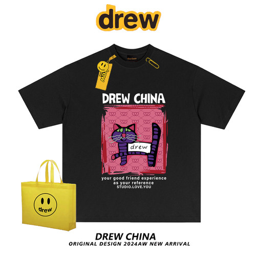 官网drew美式复古卡通猫咪短袖