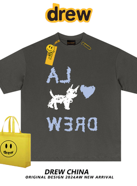 drew美式潮牌jennie明星同款涂鸦小狗短袖T恤男女休闲情侣上衣ins