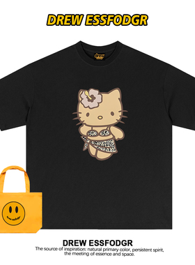 drew美式复古豹纹Kitty猫短袖t恤男女休闲宽松重磅纯棉潮牌上衣夏