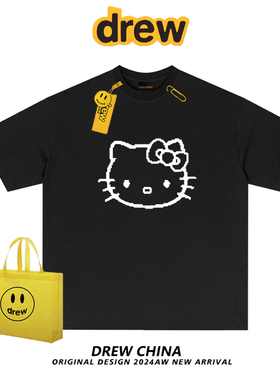 drew笑脸HelloKitty猫卡通印花纯棉短袖t恤男女潮牌宽松情侣半袖