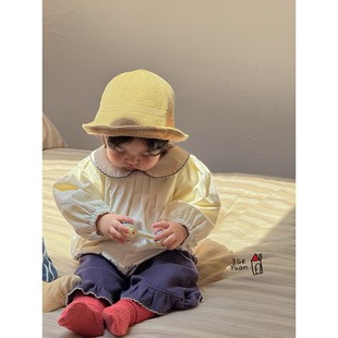 三个院秋新款 女宝长袖 娃娃领衬衫 可爱甜美刺绣上衣百搭蓝色微喇裤