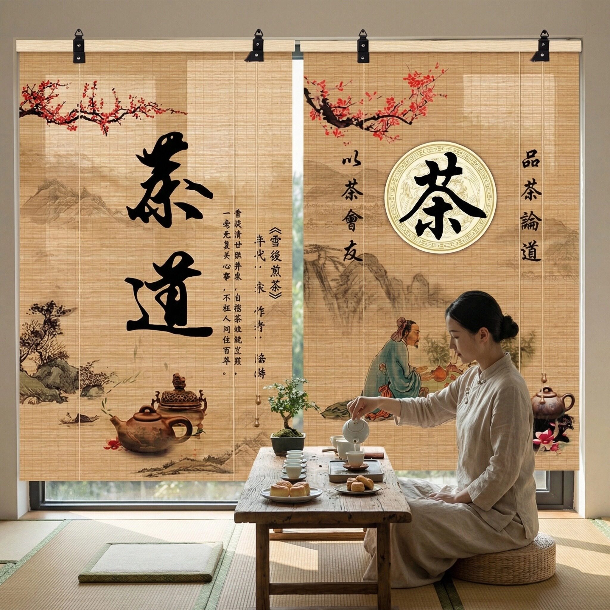 中式茶室竹帘卷帘窗帘禅意复古挂帘阳台遮光遮阳帘背景帘升降门帘