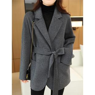 爆款2025春秋短款西装领系带双面羊毛大衣女中款高端显瘦连肩毛呢
