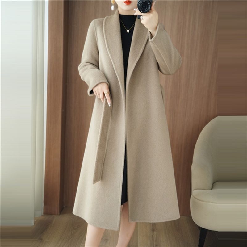双面羊毛大衣女中长款2025秋冬青果领腰带双面呢羊毛呢外套女呢子
