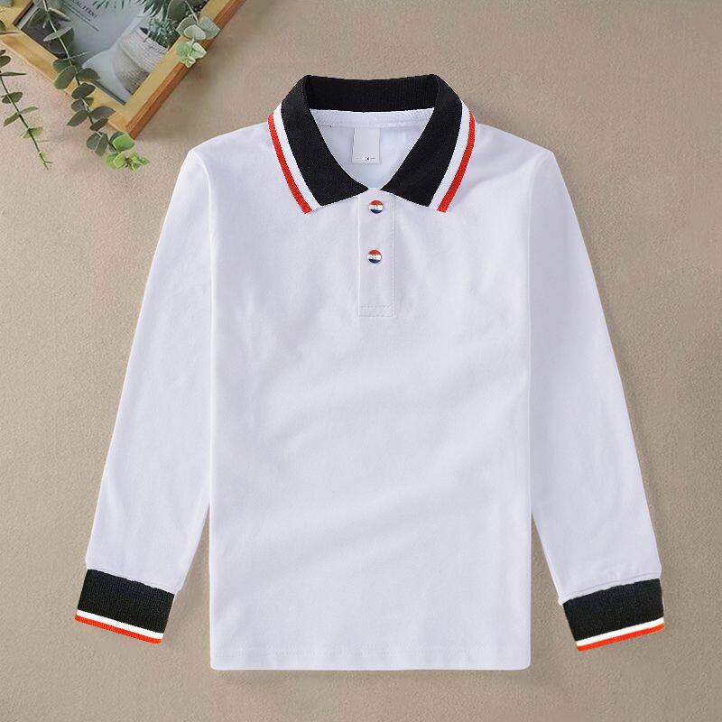 中小学生白色长袖翻领polo衫校服