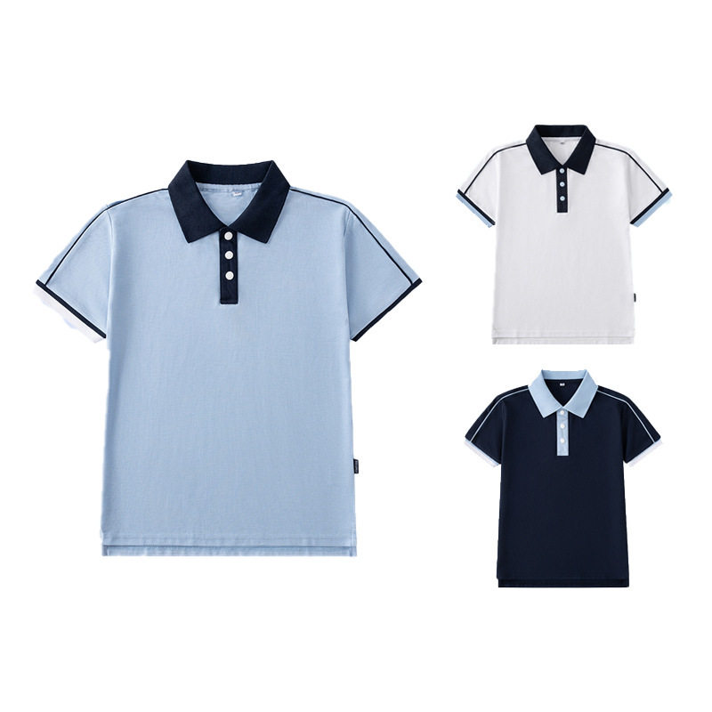 学生校服夏季短袖儿童t恤班服男女童湖蓝藏青白色撞色上衣Polo衫