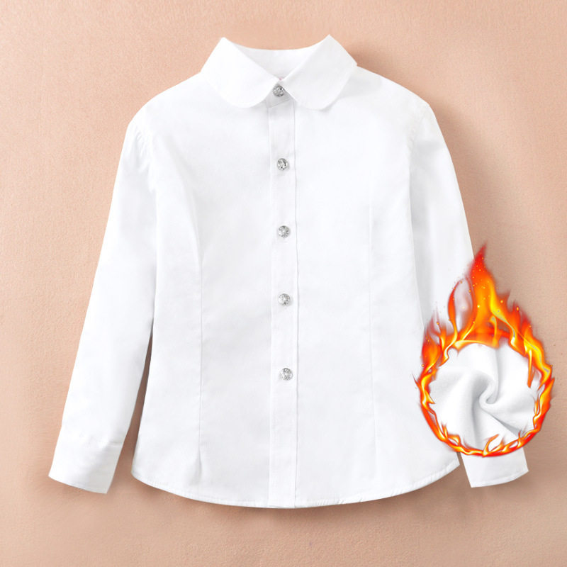 儿童加绒白衬衫女童纯棉长袖冬季加厚保暖上衣小学生校服白色衬衣
