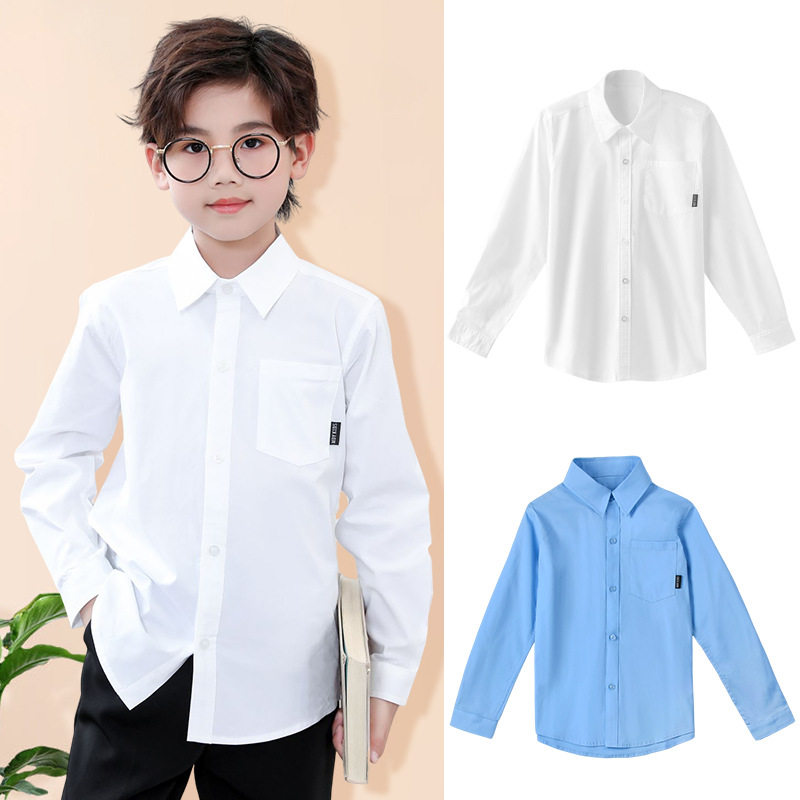 儿童中小学生长袖校服伊顿中大童蓝色衬衣男童纯棉白色衬衫