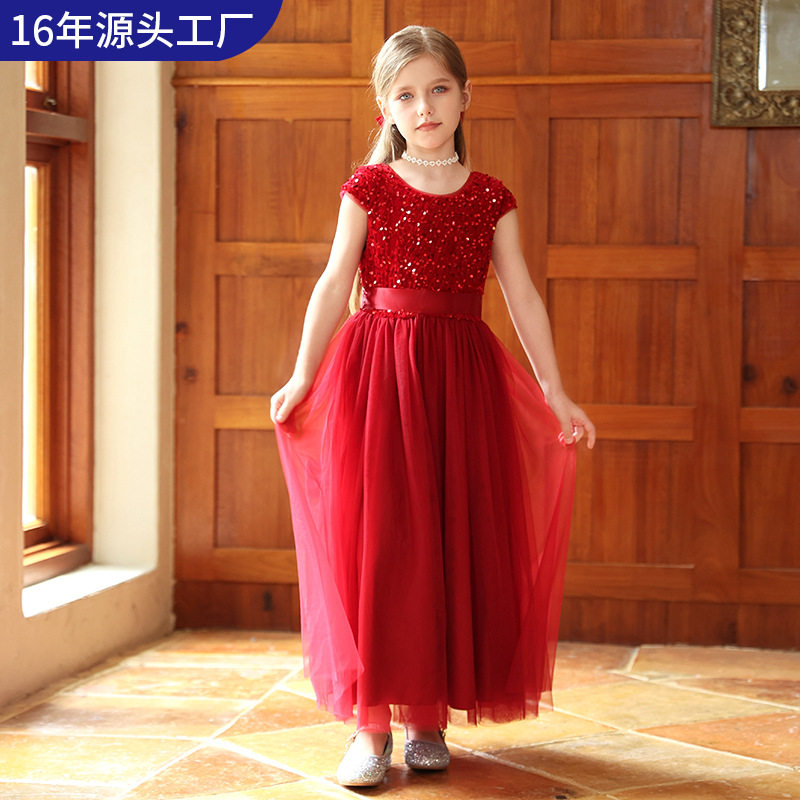儿童礼服裙女童钢琴主持人花童表演服新款红色亮片公主裙生日