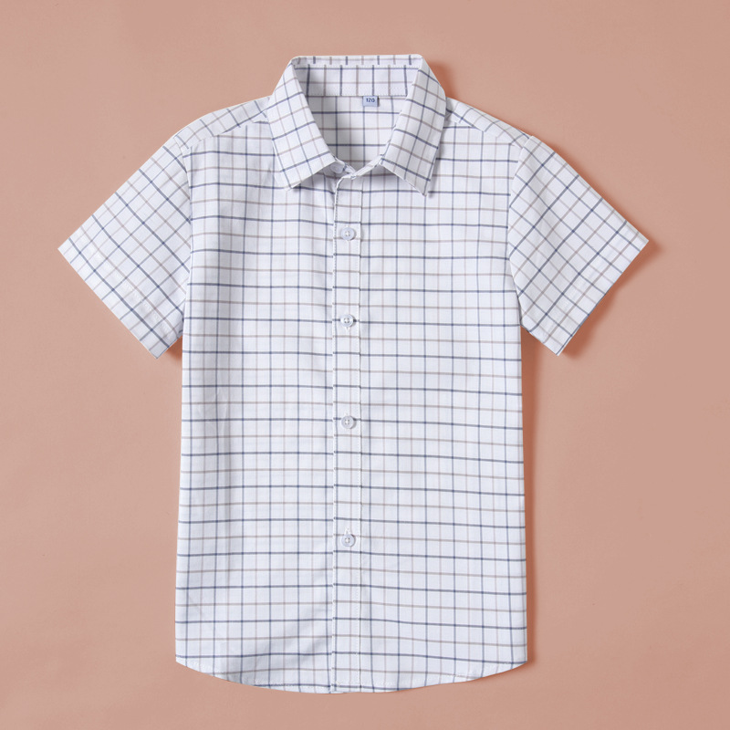 儿童校服衬衫男童女童夏季薄款纯棉短袖上衣中大童小学生格子