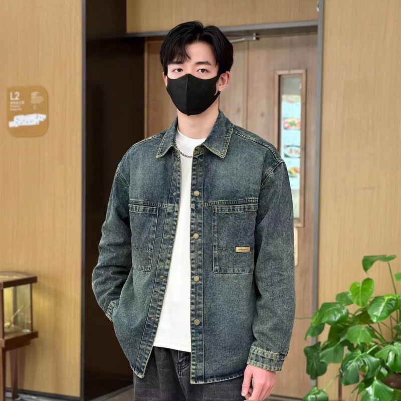 春季新款复古牛仔外套男士工装翻