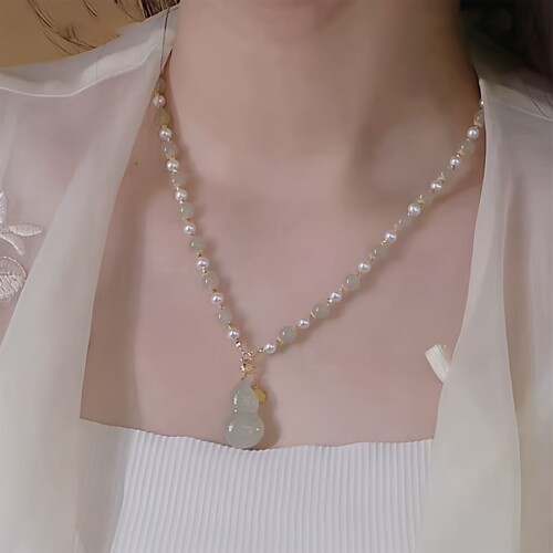 奥特莱斯品牌撤柜清仓复古珍珠和田玉葫芦项链耳环轻奢颈链毛衣链