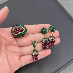 不计成本!天然石榴石葡萄三件套装个性时尚捷克钻轻奢风镶嵌套装