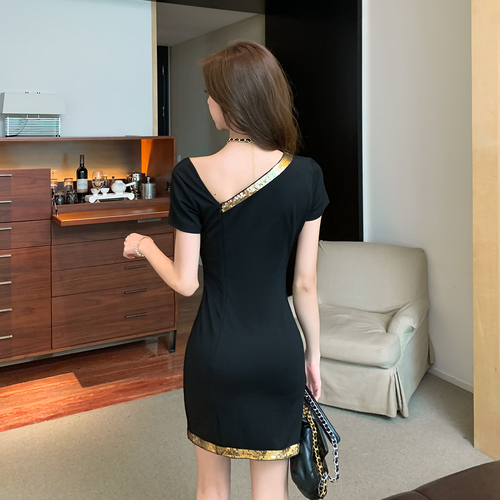 A new French black dress with gold bead contrast stitching and slim Short Sleeve Dress