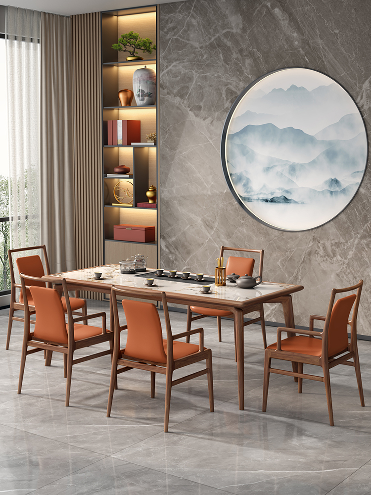 新中式黑胡桃木茶桌椅组合 阳台实木轻奢岩板茶桌办公桌一体两用