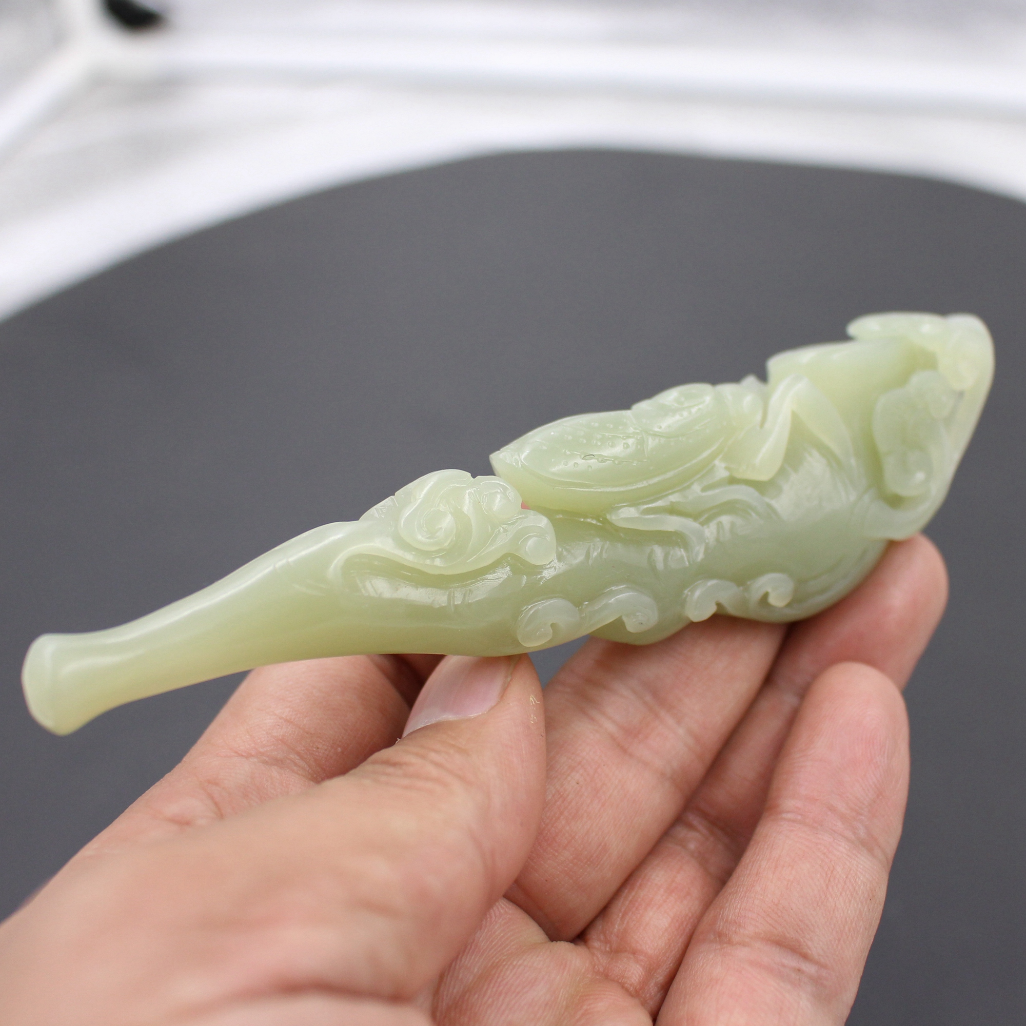 天然和田青白玉石烟嘴手工雕刻蝉万事如意一鸣惊人过滤净烟器烟嘴