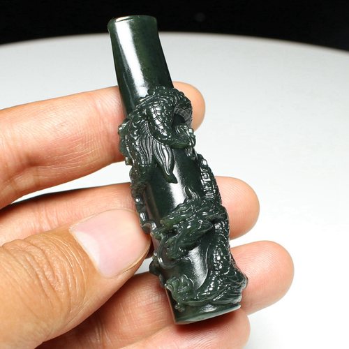 雲海缘天然和田玉青玉细料手工雕刻盘龙龙戏珠老式旱烟嘴烟杆配件