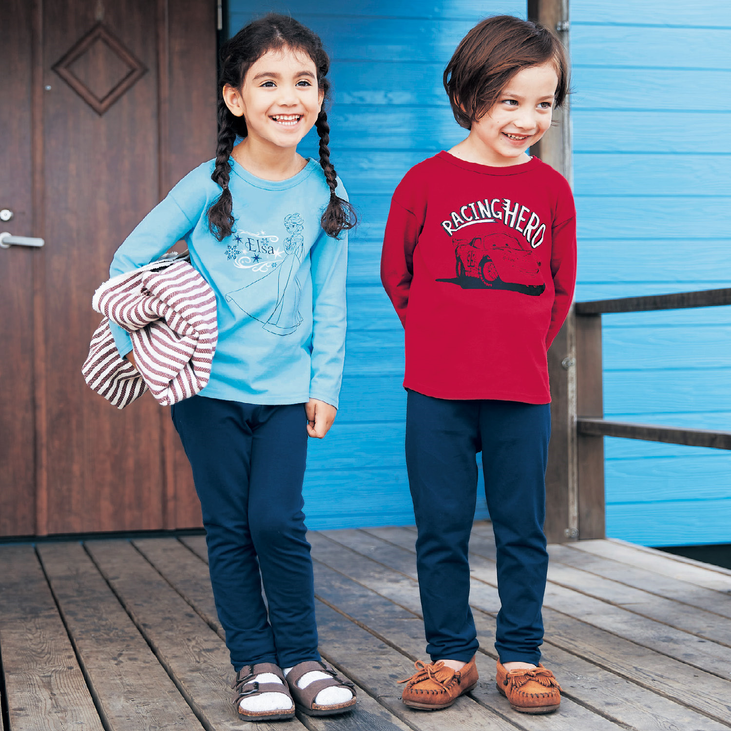 出口日本千家休闲套装春秋季男女童卡通动漫保暖纯棉长袖T恤长裤