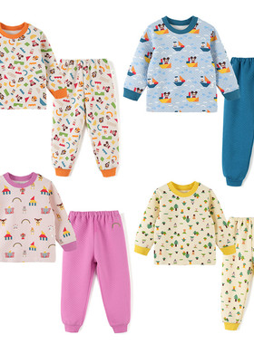 出口日本春秋季男女童装纯棉儿童家居服套装三层保暖空气棉睡衣