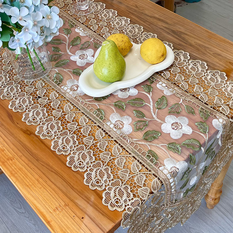 美式复古风蕾丝刺绣长条桌旗田园蕾丝布艺桌布家用餐边柜鞋柜桌垫,居家布艺,桌旗,淘宝优惠券,粉丝福利购,淘宝优惠卷