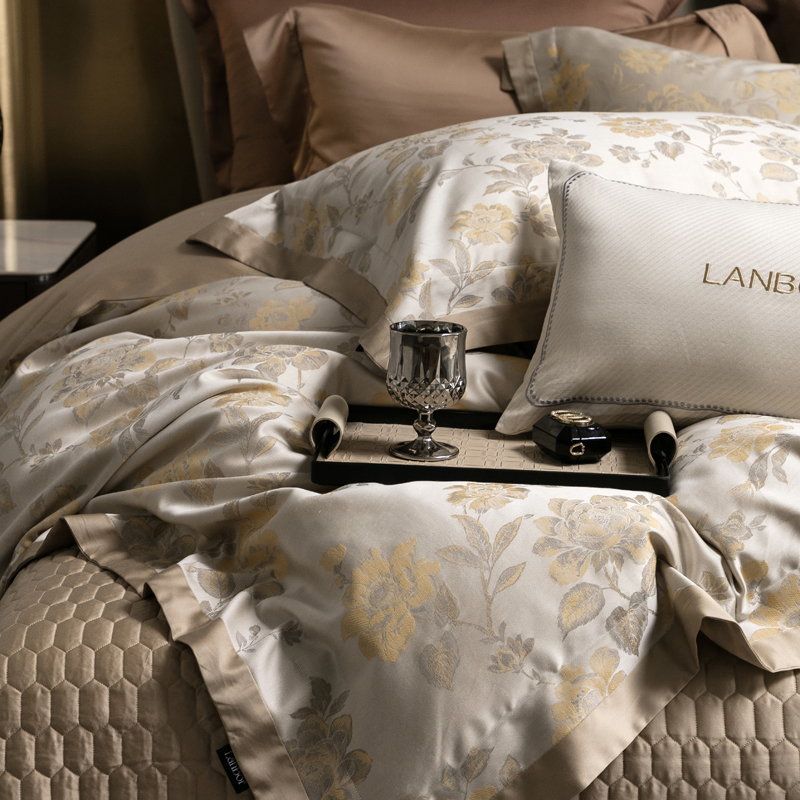 欧式轻高端140S天丝棉床盖四件套裸睡高级提花被套夹棉床单床品