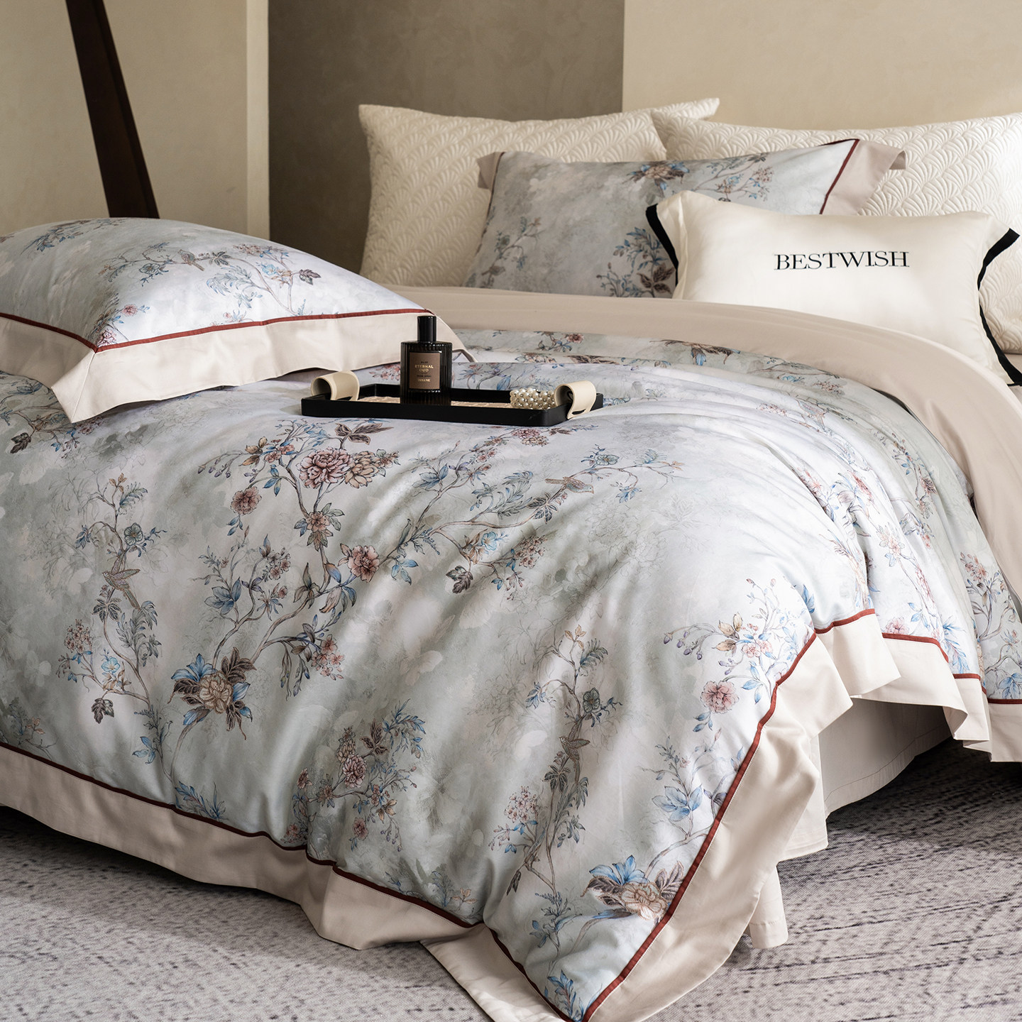 美式轻奢120S长绒棉四件套清新花卉印花被套床单裸睡纯棉床品1.8m,床上用品,床品套件/四件套/多件套,淘宝优惠券,粉丝福利购,淘宝优惠卷