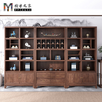 新中式博古架多宝阁茶室置物架茶叶展示柜茶具陈列柜黑胡桃木书柜