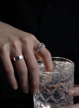 纯银戒指男ins潮单身戒个性食指简约复古冷淡风高级开口可调节