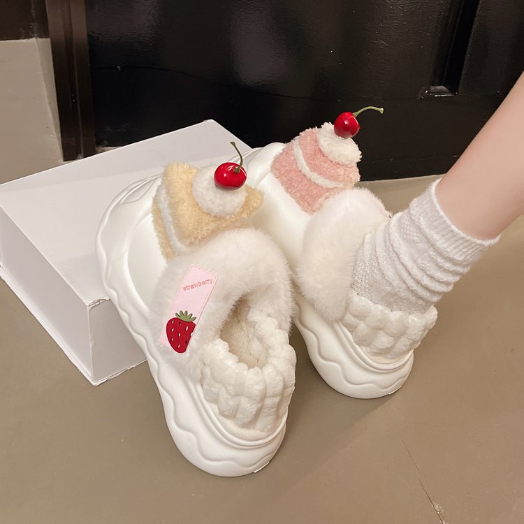 冬季厚底可爱卡通草莓毛毛鞋