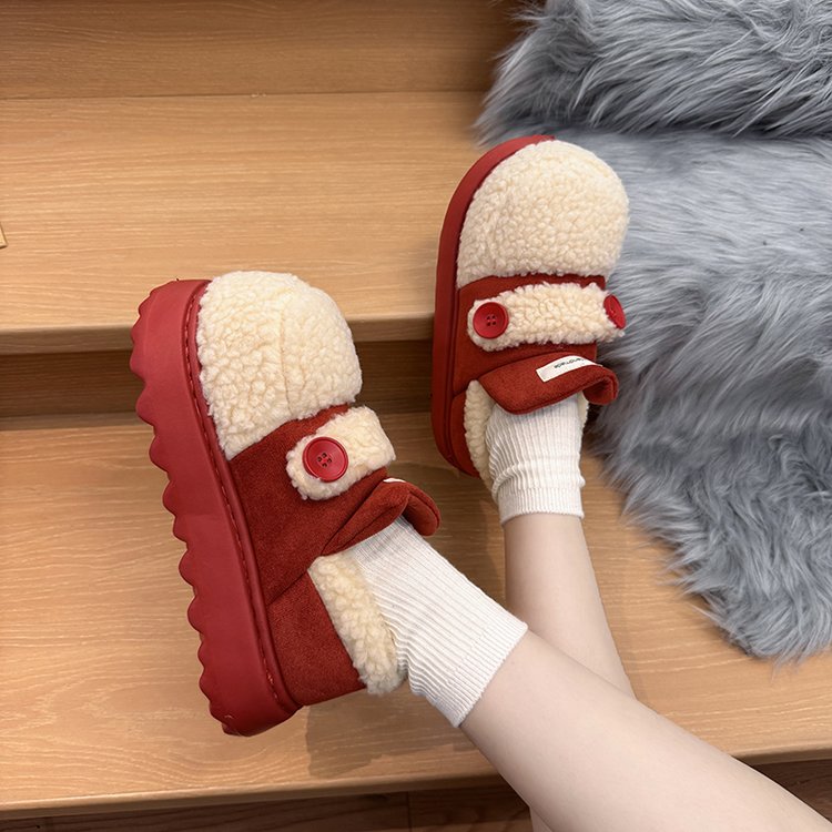 丑萌可爱大头毛毛鞋女外穿冬季新款包跟棉拖鞋加绒保暖厚底雪地鞋