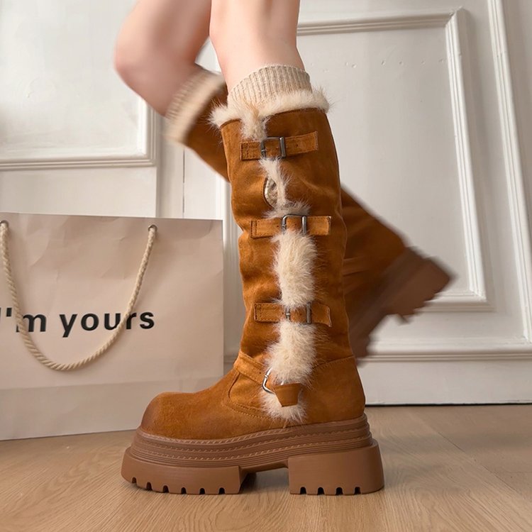 显瘦高筒加绒保暖皮带扣长筒靴女