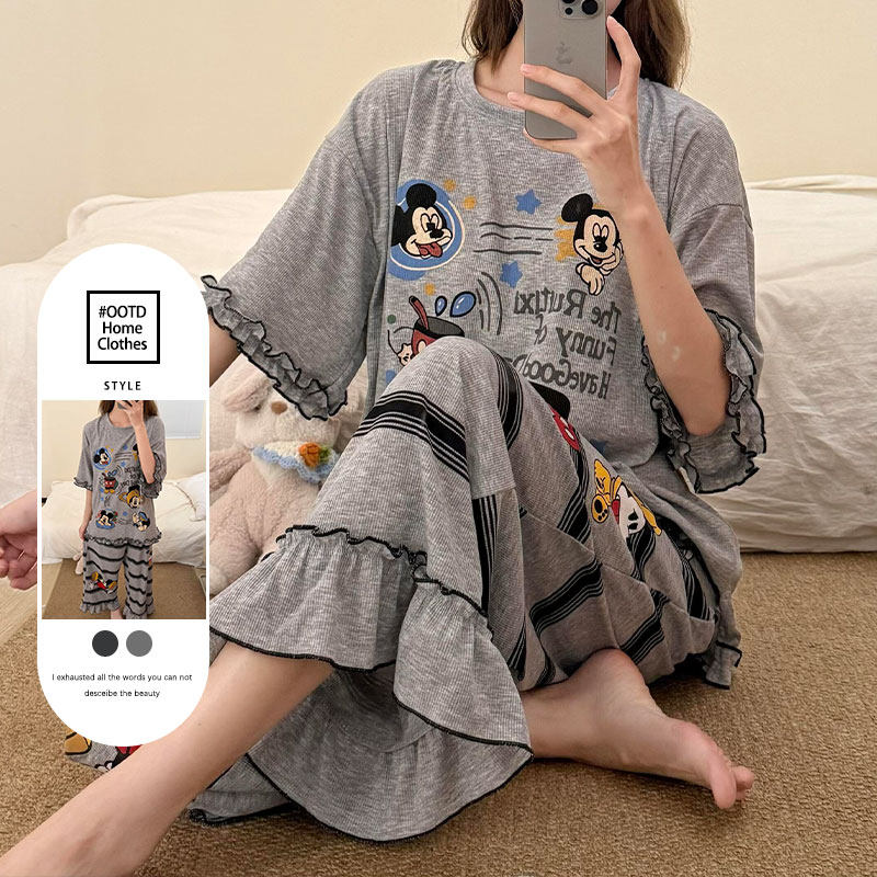 卡通米奇印花短袖长裤睡衣套装女
