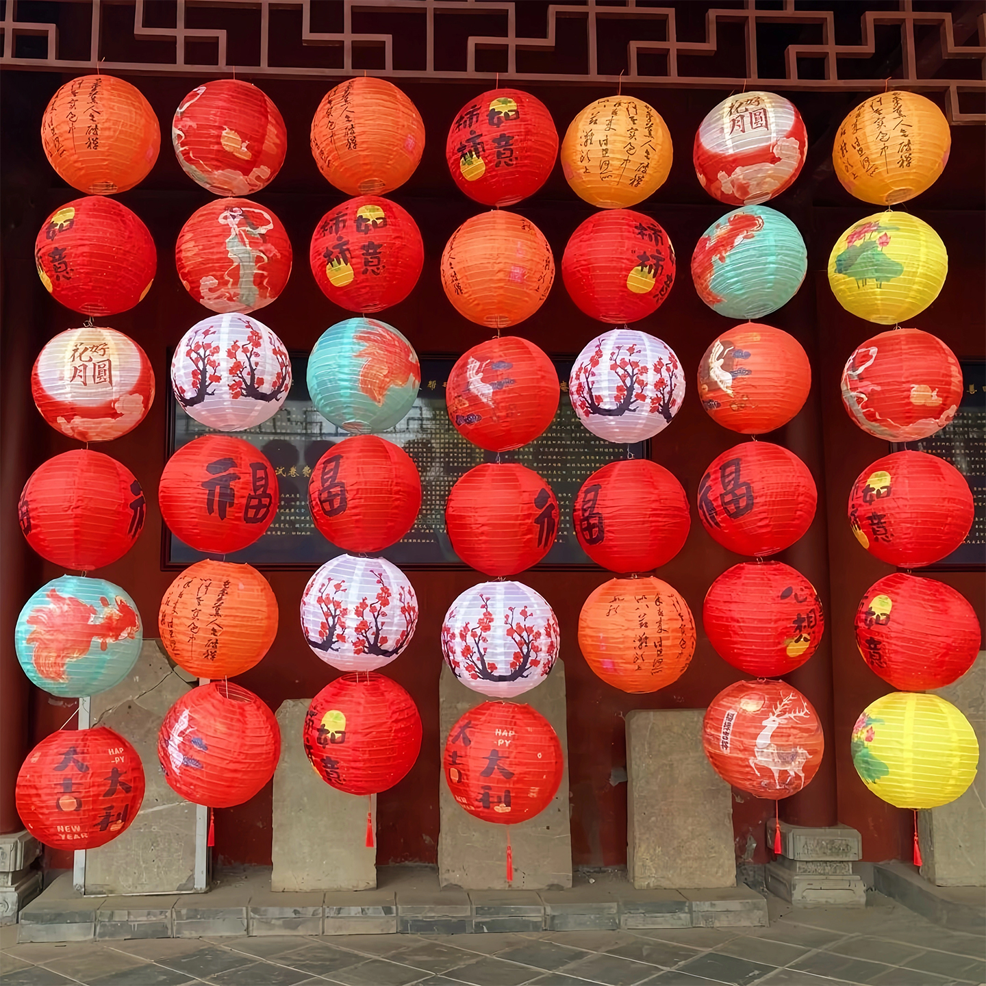 2025新款新式中国古风户外防雨水防晒绸布灯笼墙福字挂串室外装饰