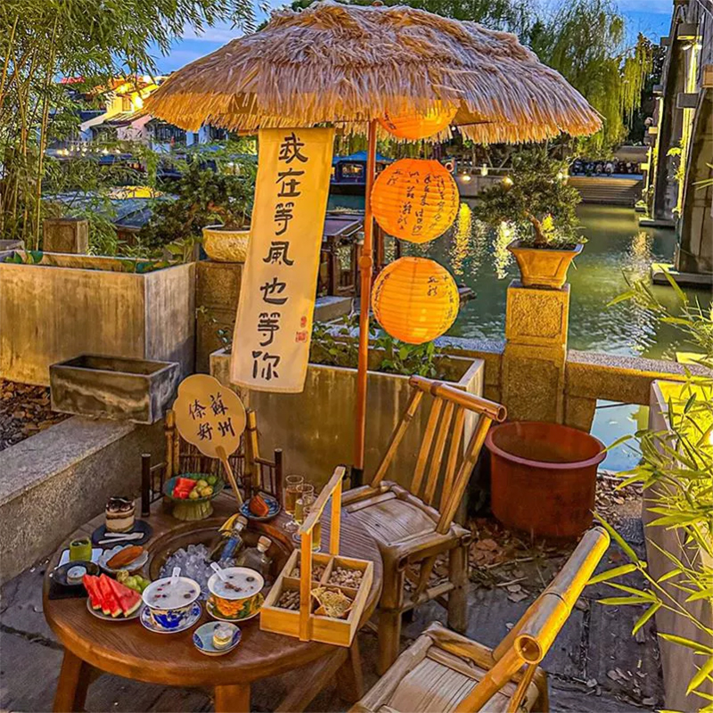 户外仿真稻草伞露营遮阳伞茅草伞酒店景区庭院围炉煮茶灯笼沙滩伞