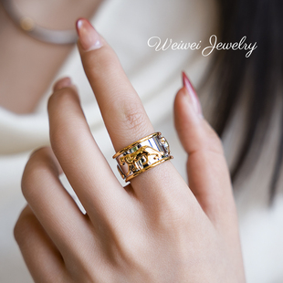 高定珠宝S925纯银镀金卡家中古老钱豹子重工款银戒指小众设计款