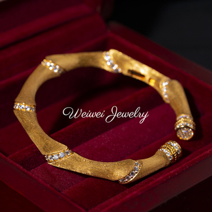 浮光跃金925银镀18K金珠宝超重工拉丝竹节镶钻复古新中式纯银手镯