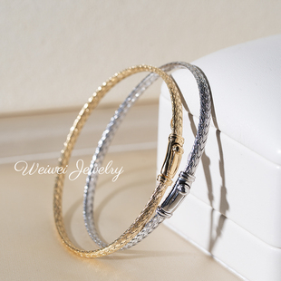 意大利进口925银镀金复古编织素圈手镯轻奢时尚气质百搭手环