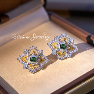 小众复古意大利工艺925银镀K金奢华镶祖母绿镂空四叶草歌剧院耳钉