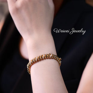 高定珠宝925纯银镀金意大利镶钻条纹手链中古风轻奢手环水波链女