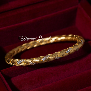 织金手镯S925银镀18K金鎏光拉丝麦穗重工复古新中式经典纯银手镯