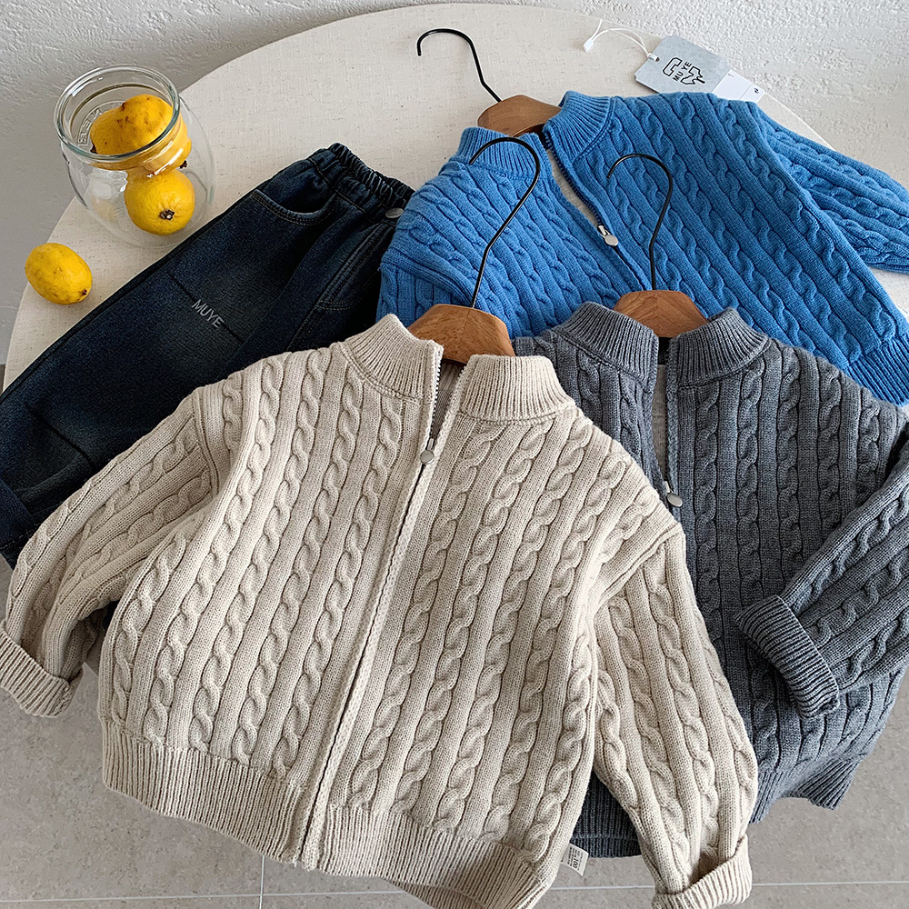 小童麻花加绒针织拉链开衫男女童