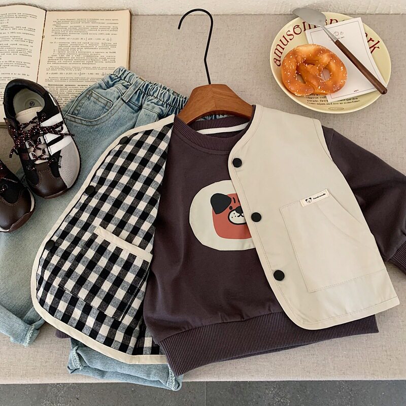 儿童个性两面穿马甲男女童2026春秋新款宝宝格子背心韩版小童外套