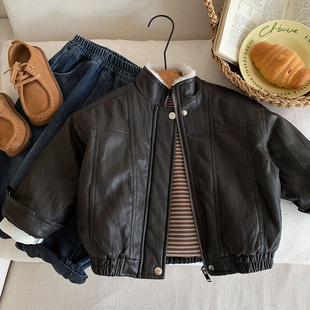 小童痞帅夹棉加厚皮衣男女童2025秋冬装宝宝夹克儿童夹克机车服潮