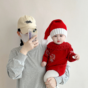 冬季宝宝毛线帽红色儿童圣诞帽男童针织帽洋气女宝保暖帽婴儿帽子