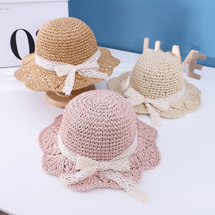 儿童遮阳帽草帽蕾丝系带帽子夏季男女宝宝遮阳防晒海滩度假可折叠