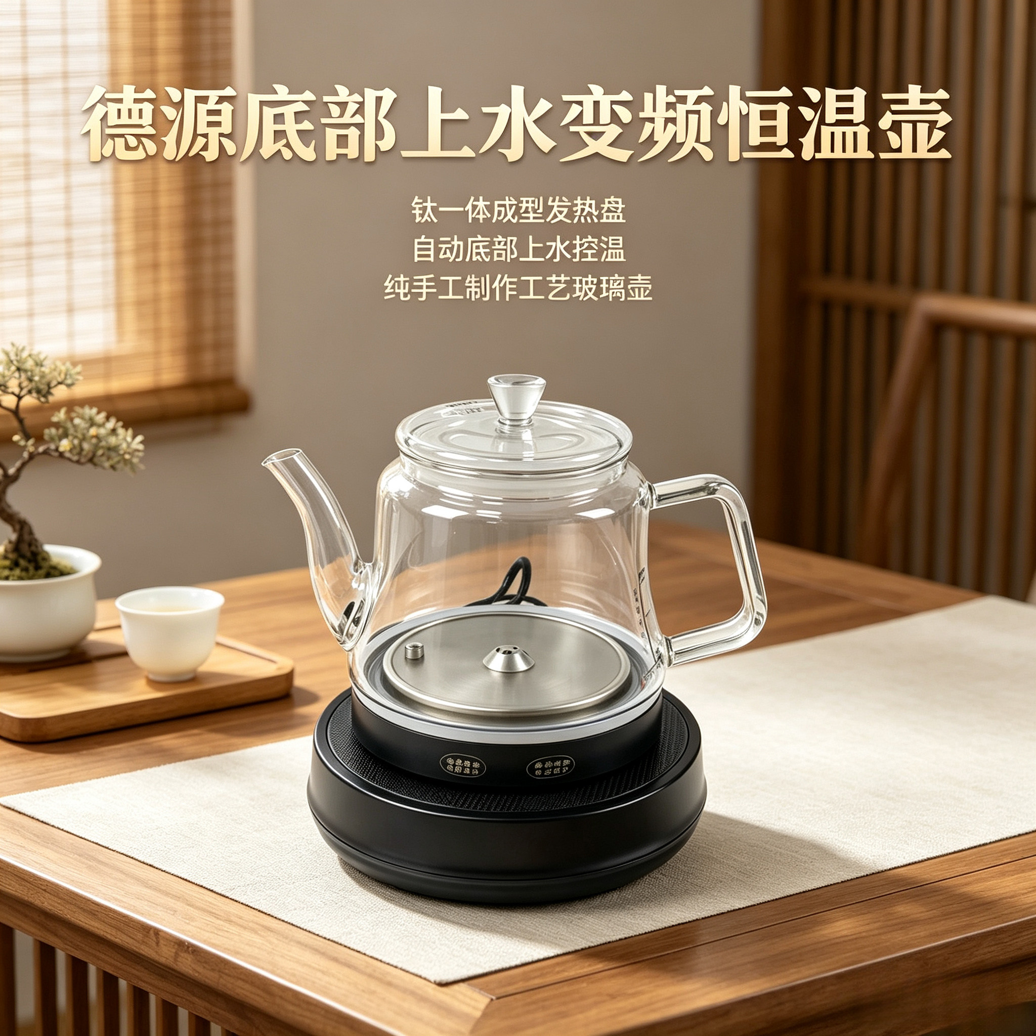 德源全自动底部上水烧水壶智能煮茶壶钛玻璃电热炉恒温变频食品级