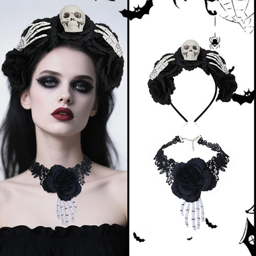 Halloween Gothic-style Skull-hand Black-rose Headband And Ne
