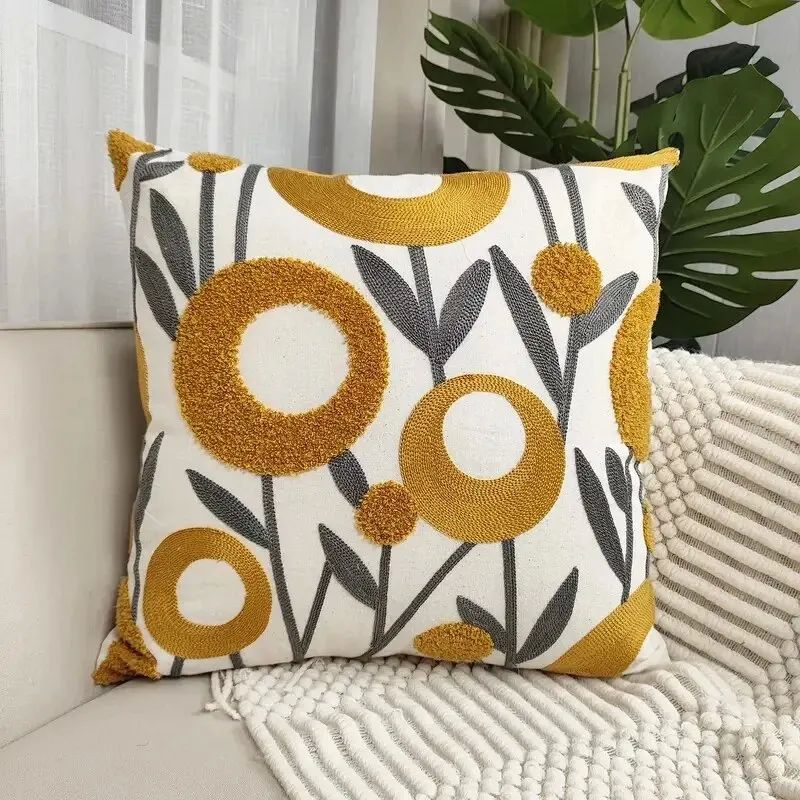 1pc Boho Floral Tufted Decorative Throw Pillow Cover-Embroid