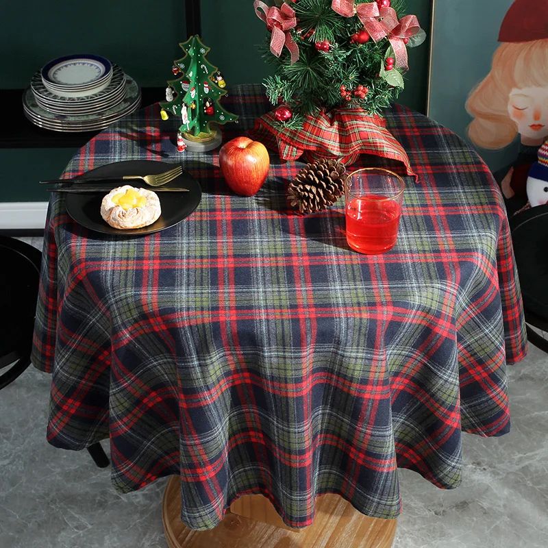 Christmas Decoration Round Tablecloth Plaid Table Cover for